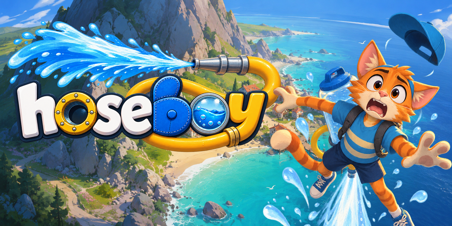Hoseboy flying over the seaside town of Mountport on a jet of water.